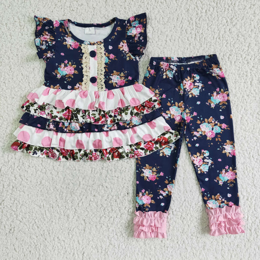 A13-15 Pink Blue Floral Lace Ruffles Girls Flutter Sleeve Pants Outfits