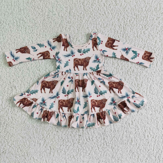 GLD0005 Pink Highland Cows Floral Green Leaves Girls Long Sleeve Dresses