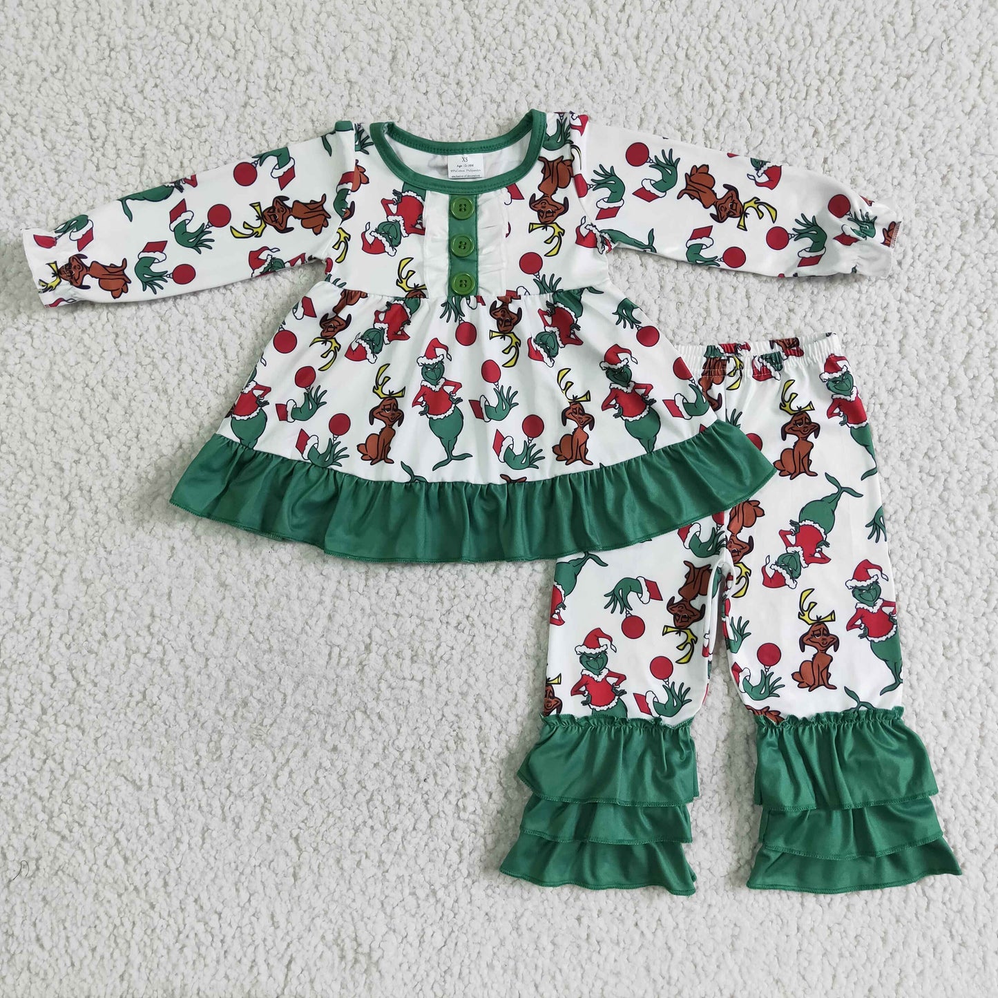 GLP0041 Christmas Green Red Cartoon Ruffles Tunic Girls Long Sleeve Pants Outfits