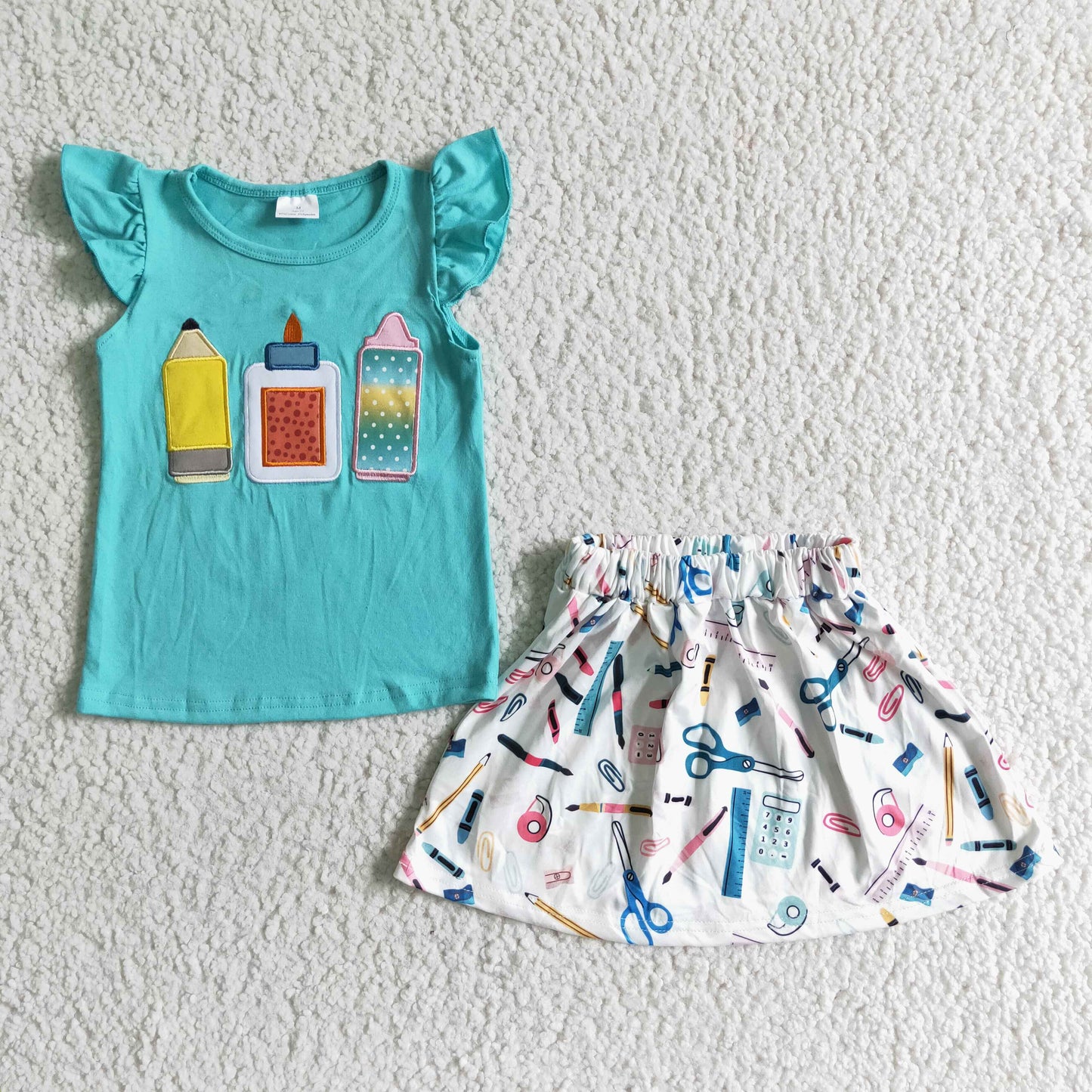 GSD0080 Back To School Blue Pencil Embroidery Girls Short Sleeve With Skirt Dress Outfits