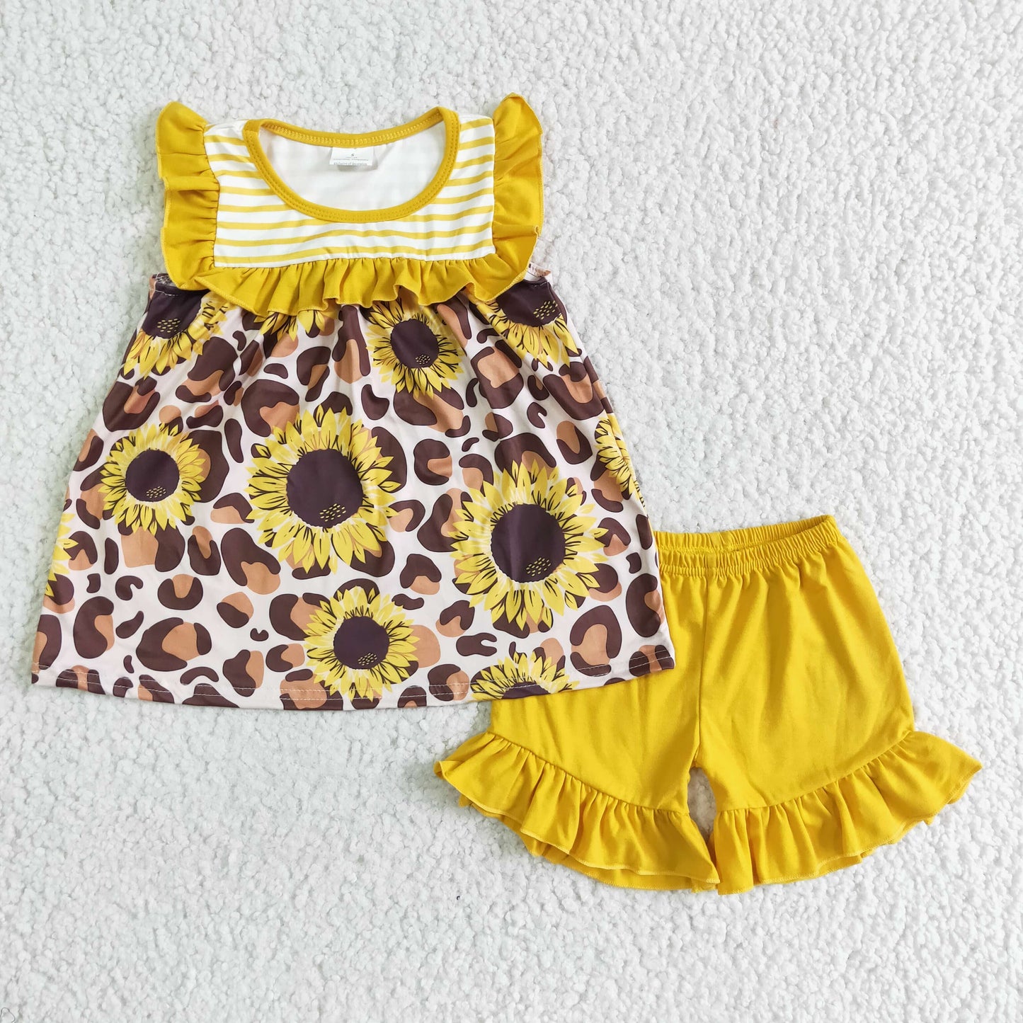 GSSO0069 Yellow Stripes Leopard Sunflower Girls Flutter Sleeve Shorts Outfits