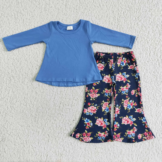 Clearance 6 A25-3 Blue Cotton Floral Girls Long Sleeve Bell Bottom Pants Outfits