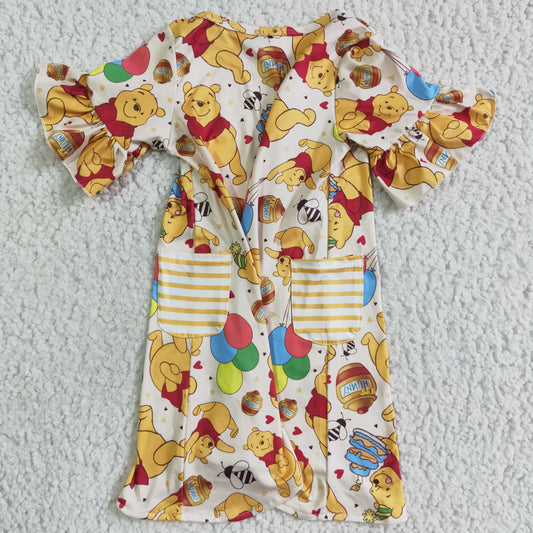 GSD0114 Yellow Bear Cartoon Pockets Girls Short Sleeve Dresses