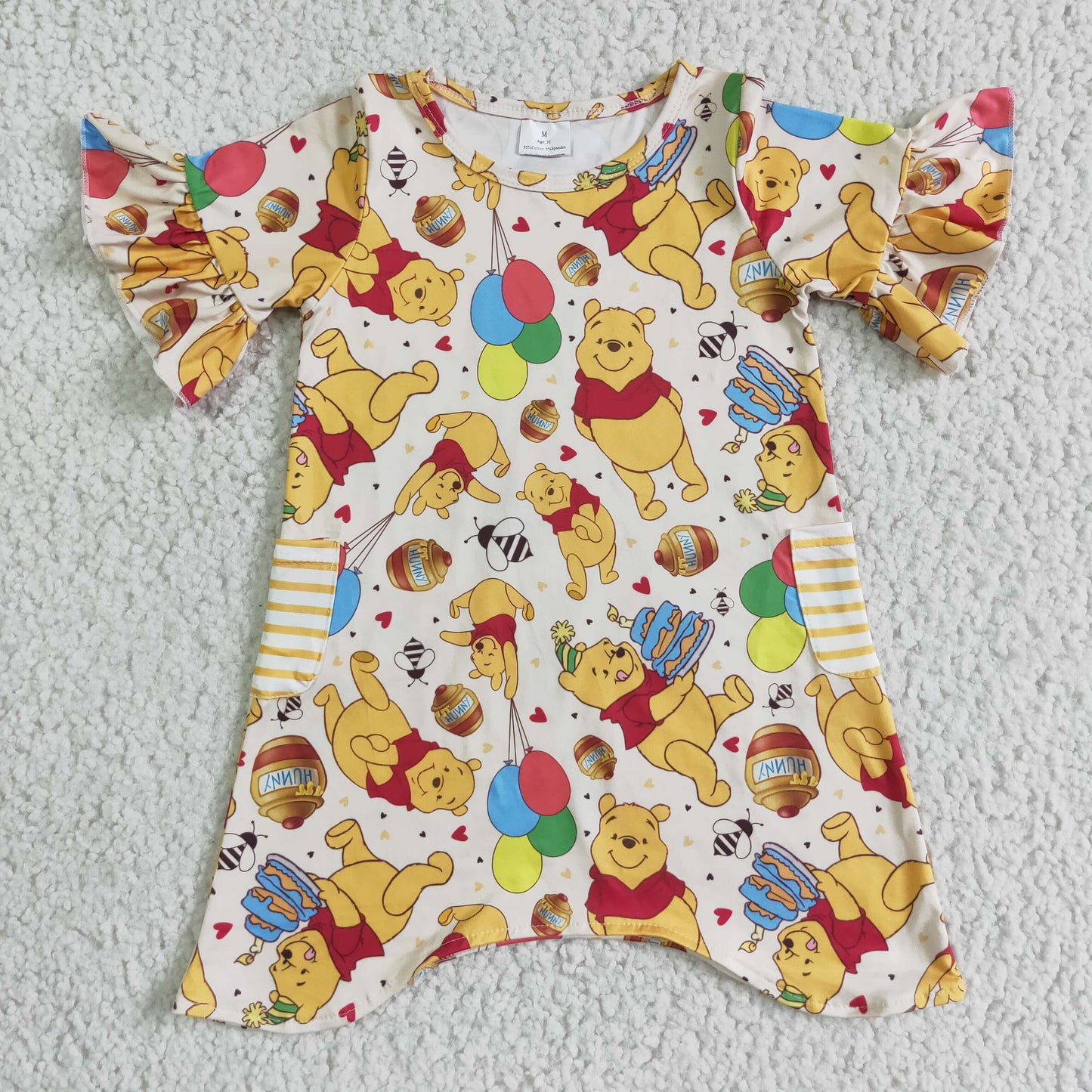 GSD0114 Yellow Bear Cartoon Pockets Girls Short Sleeve Dresses