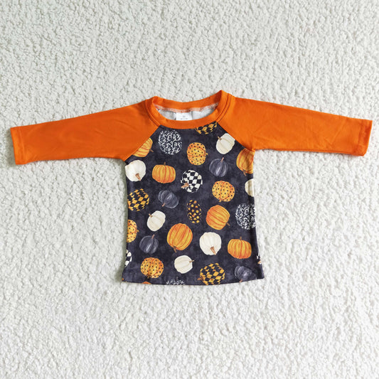 BT0024 Halloween Orange Pumpkin Boys Long Sleeve Top T-shirts