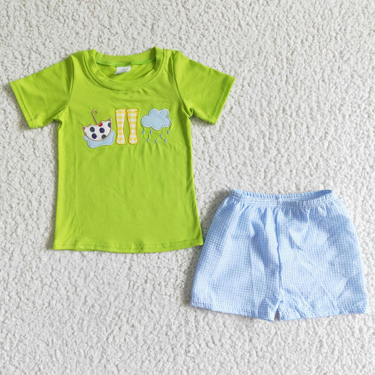 BSSO0082 Green Blue Rain Umbrella Embroidery Boys Short Sleeve Shorts Outfits