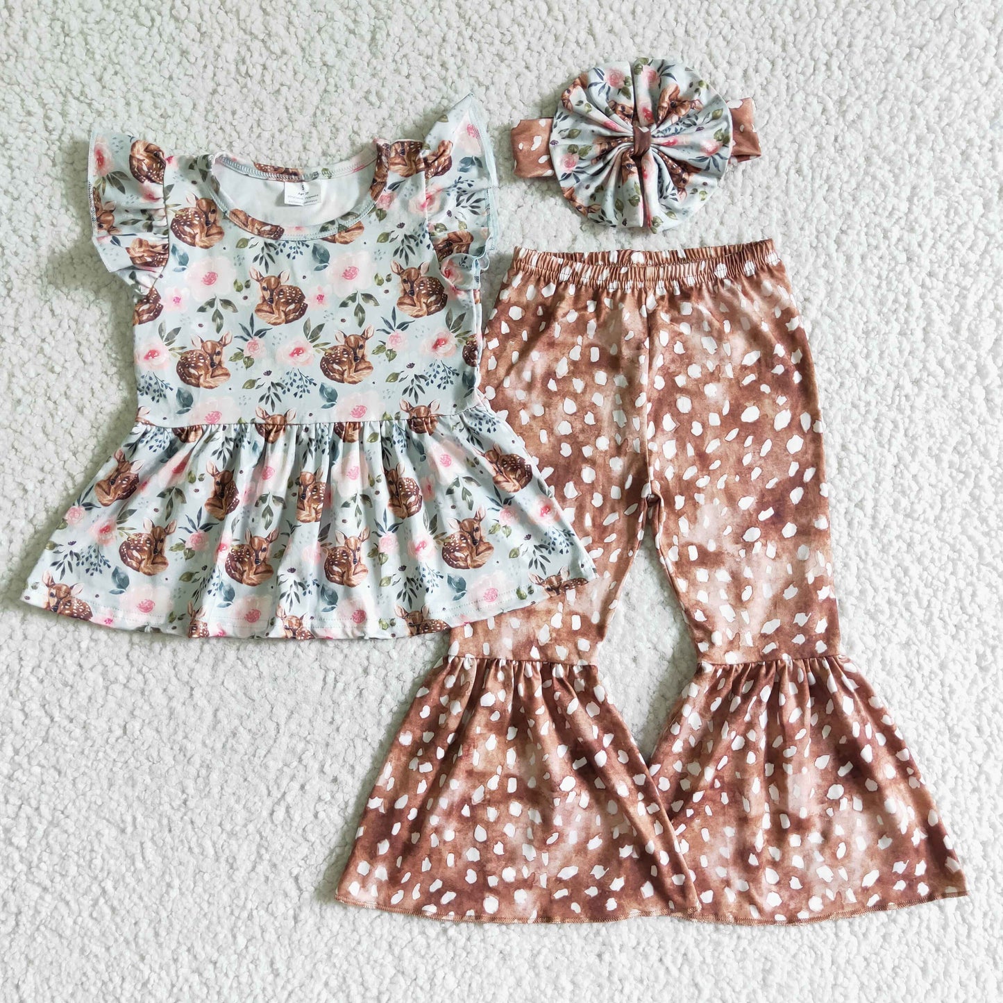 GSPO0077 Pink Floral Deer With Bow Headband 3pcs Girls Short Sleeve Bell Bottom Pants Outfits