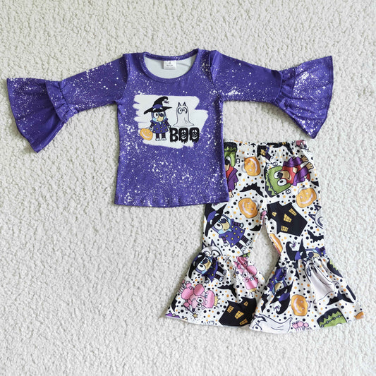 GLP0007 Halloween Pumpkin Bat Purple Dog Cartoon Girls Long Sleeve Bell Bottom Pants Outfits