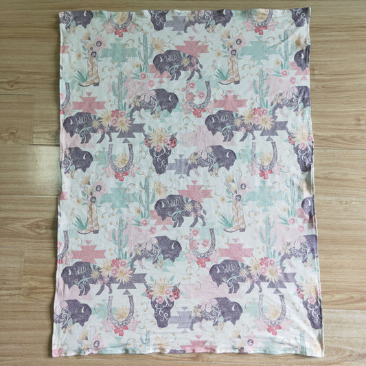 BL0007 Pink Green Floral Cows Western Print Blanket