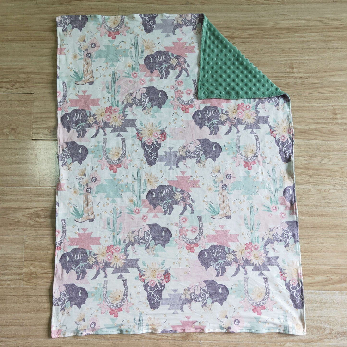 BL0007 Pink Green Floral Cows Western Print Blanket