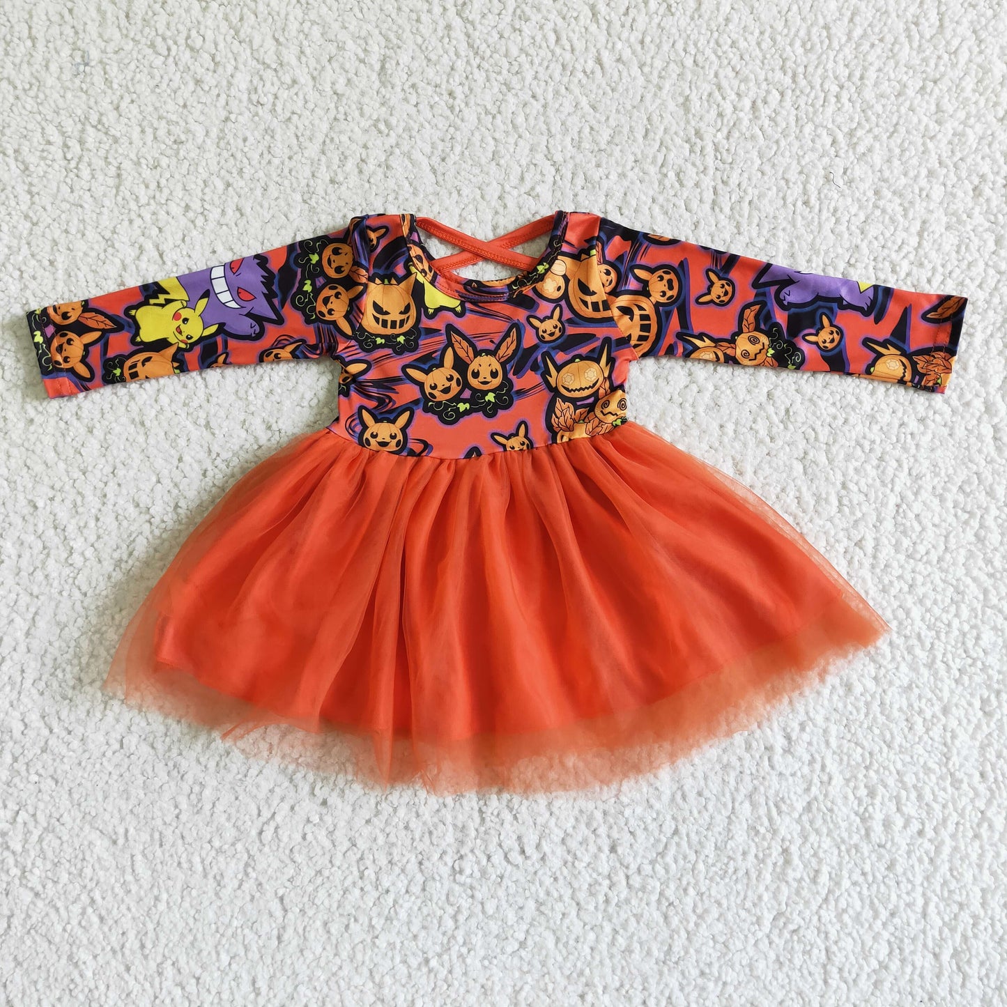 GLD0010 Halloween Pumpkin Cartoon Red Tulle Tutu Girls Long Sleeve Dresses