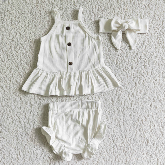 GBO0055 White Cotton With Bow 3pcs Girls Sleeveless Bummies Outfits