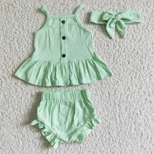 GBO0056 Green Cotton With Bow 3pcs Girls Sleeveless Bummies Outfits