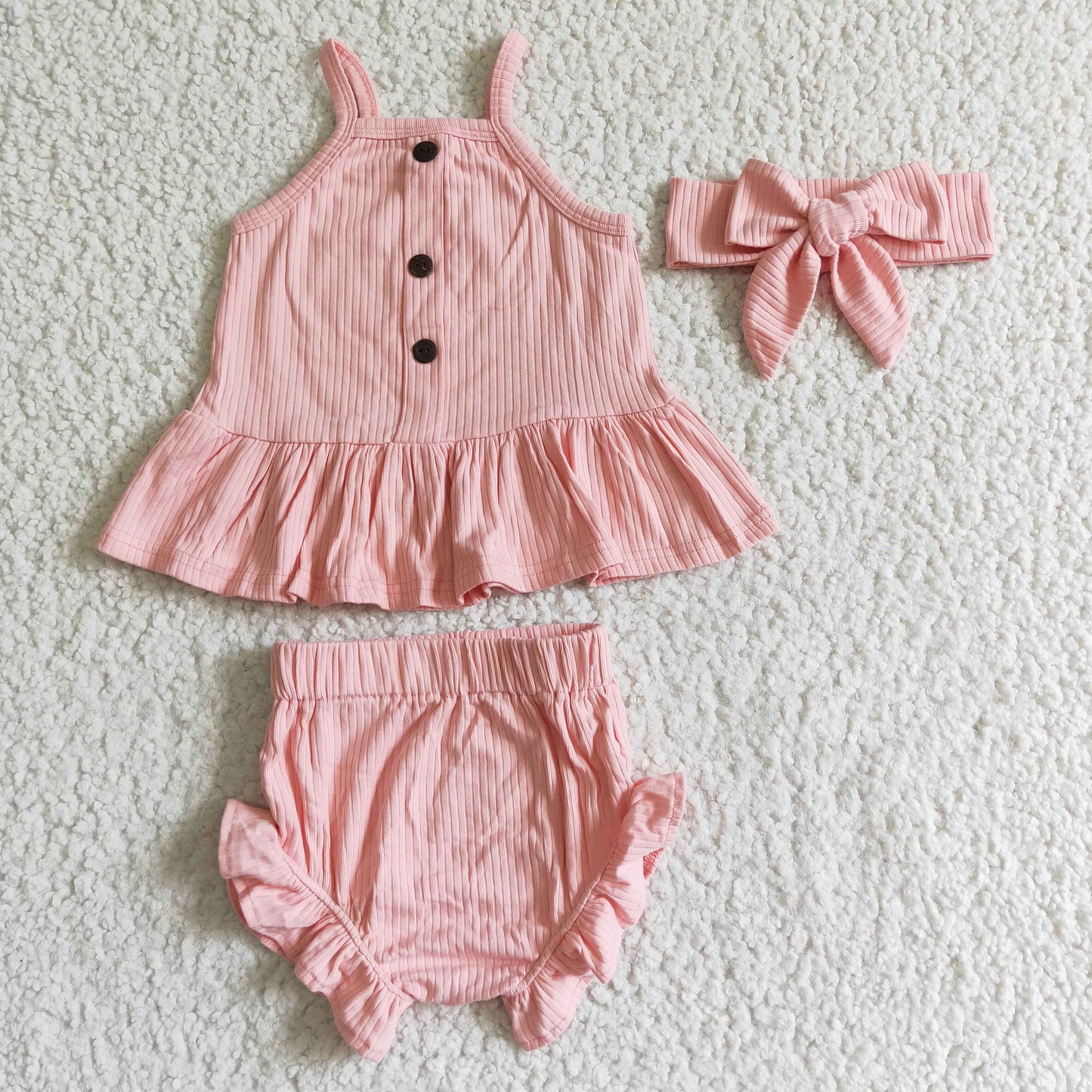 GBO0057 Pink Cotton With Bow 3pcs Girls Sleeveless Bummies Outfits