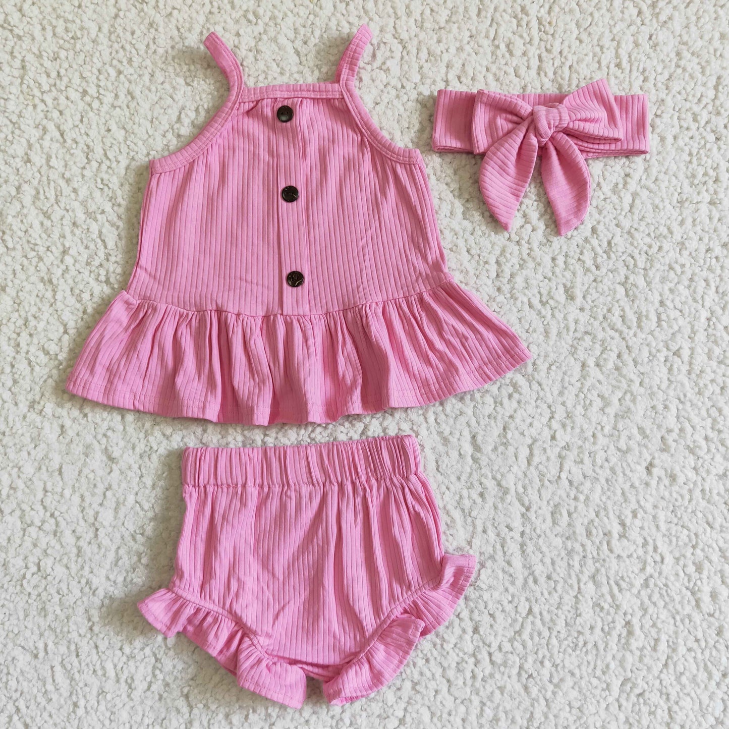 GBO0058 Dark Pink Cotton With Bow 3pcs Girls Sleeveless Bummies Outfits