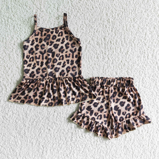 A10-12 Leopard Print Girls Sleeveless Shorts Outfits