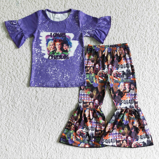 GSPO0105 Halloween Purple Witch Cartoon Girls Short Sleeve Bell Bottom Pants Outfits