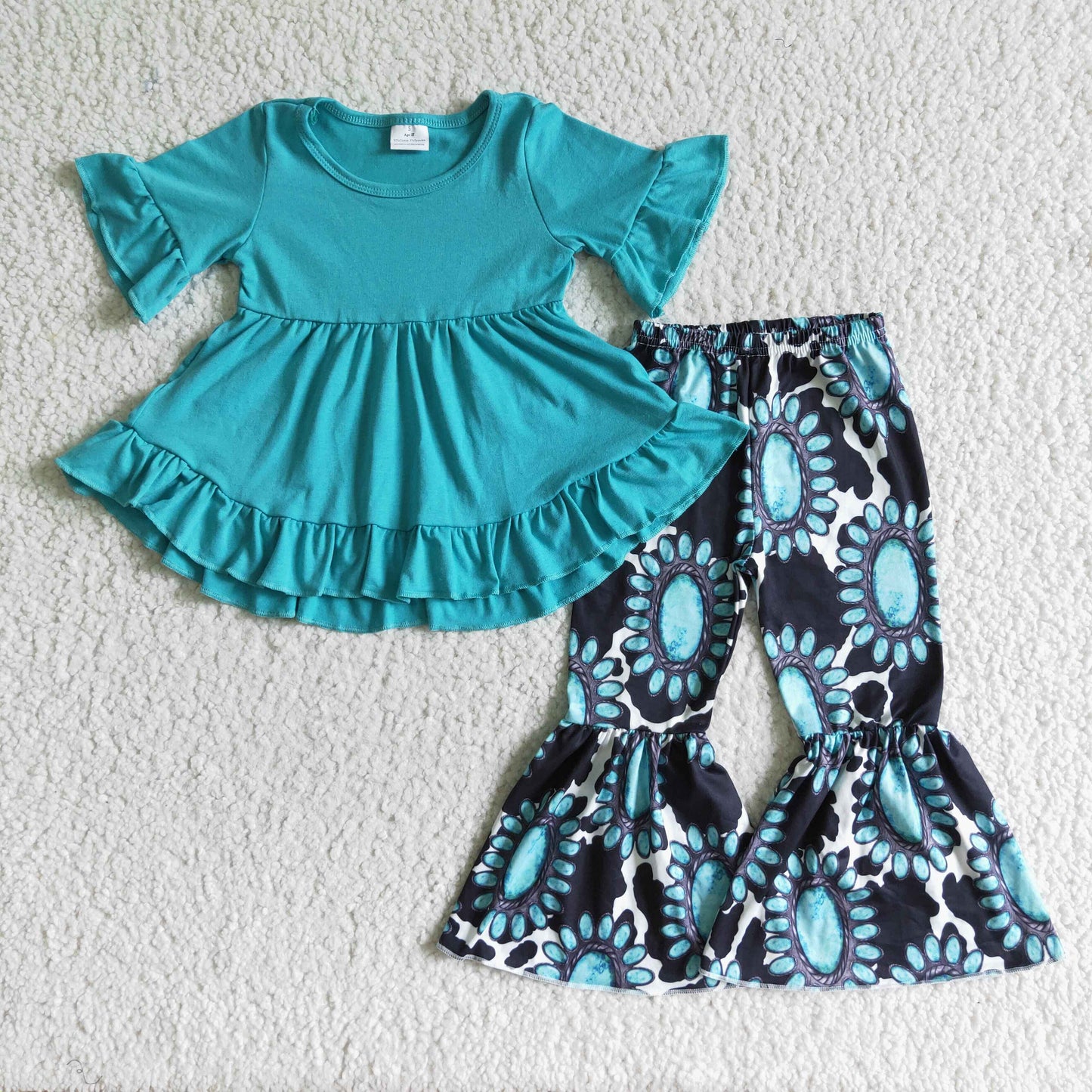 GSPO0116 Blue Cow Print Ruffles Tunic Girls Short Sleeve Bell Bottom Pants Outfits