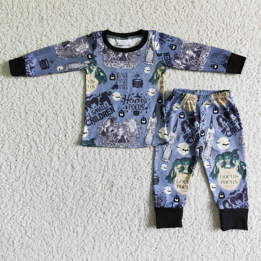 BLP0010 Halloween Blue Witch Cartoon Boys Long Sleeve Pajamas