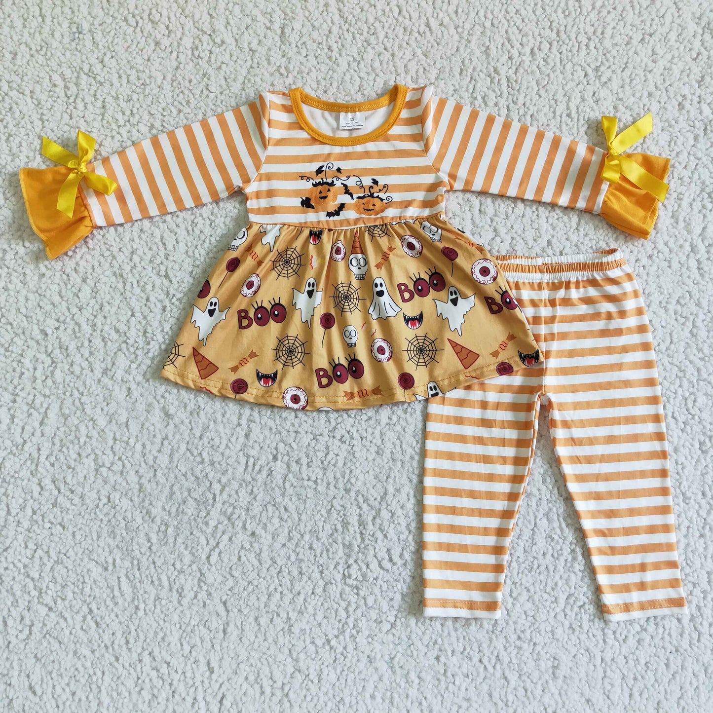 GLP0045 Halloween Pumpkin Yellow Stripes Ghost Cartoon Tunic Girls Long Sleeve Pants Outfits