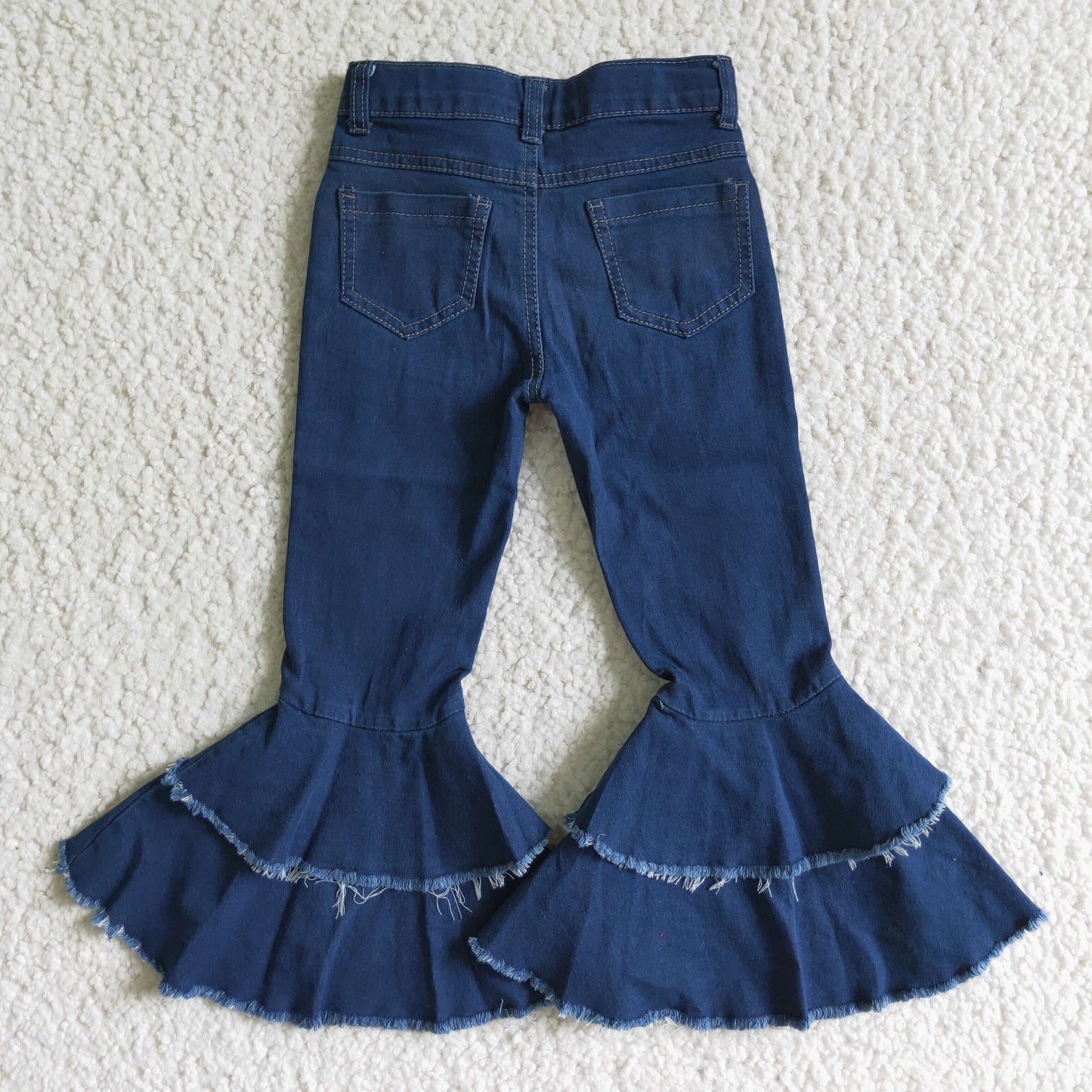 P0007 Blue Bleach Print Double Ruffles Denim Jeans