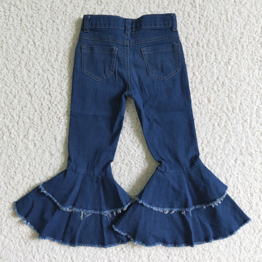 P0007 Blue Bleach Print Double Ruffles Denim Jeans