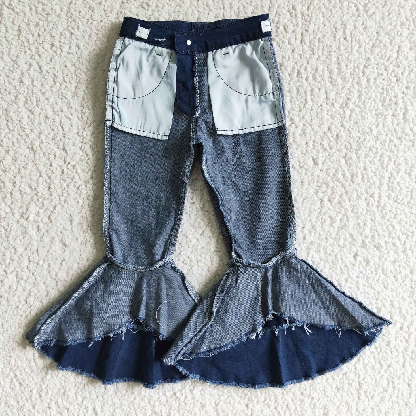 P0007 Blue Bleach Print Double Ruffles Denim Jeans