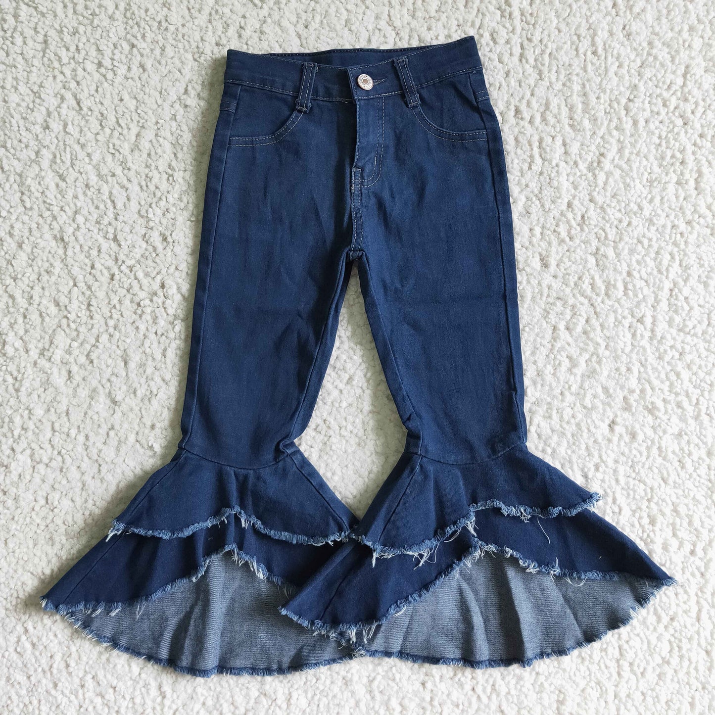 P0007 Blue Bleach Print Double Ruffles Denim Jeans