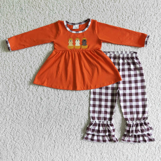 GLP0026 Halloween Pumpkin Dog Orange Plaid Embroidery Tunic Girls Long Sleeve Pants Outfits