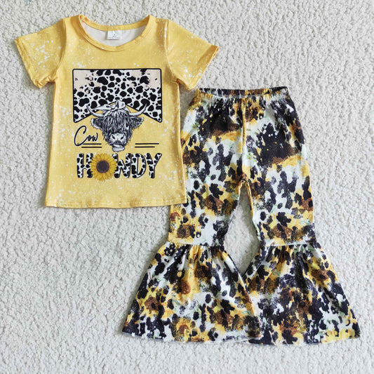 GSPO0081 Yellow Howdy Sunflower Cow Print Leopard Girls Short Sleeve Bell Bottom Pants Outfits