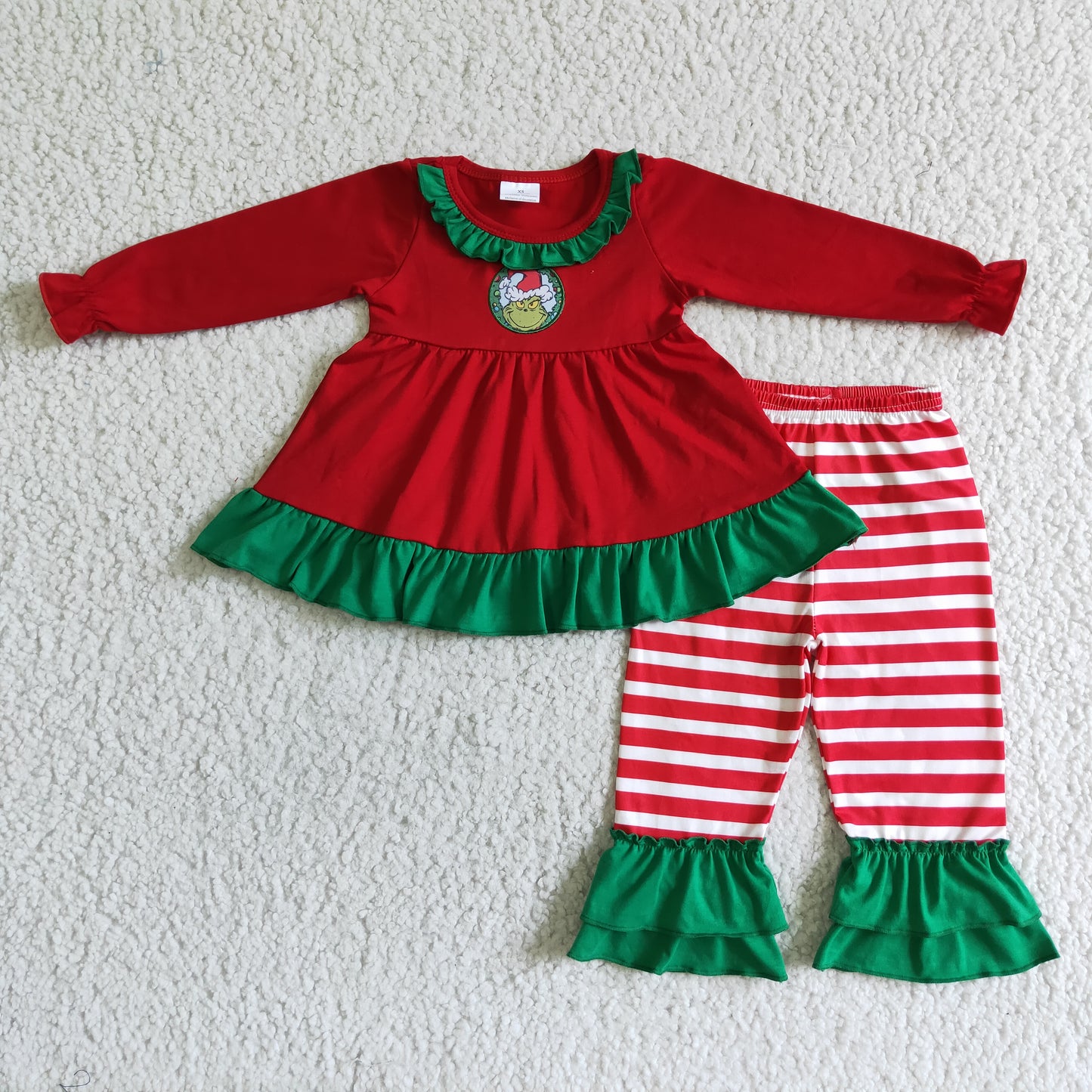 GLP0032 Christmas Green Red Stripes Cartoon Tunic Girls Long Sleeve Pants Outfits