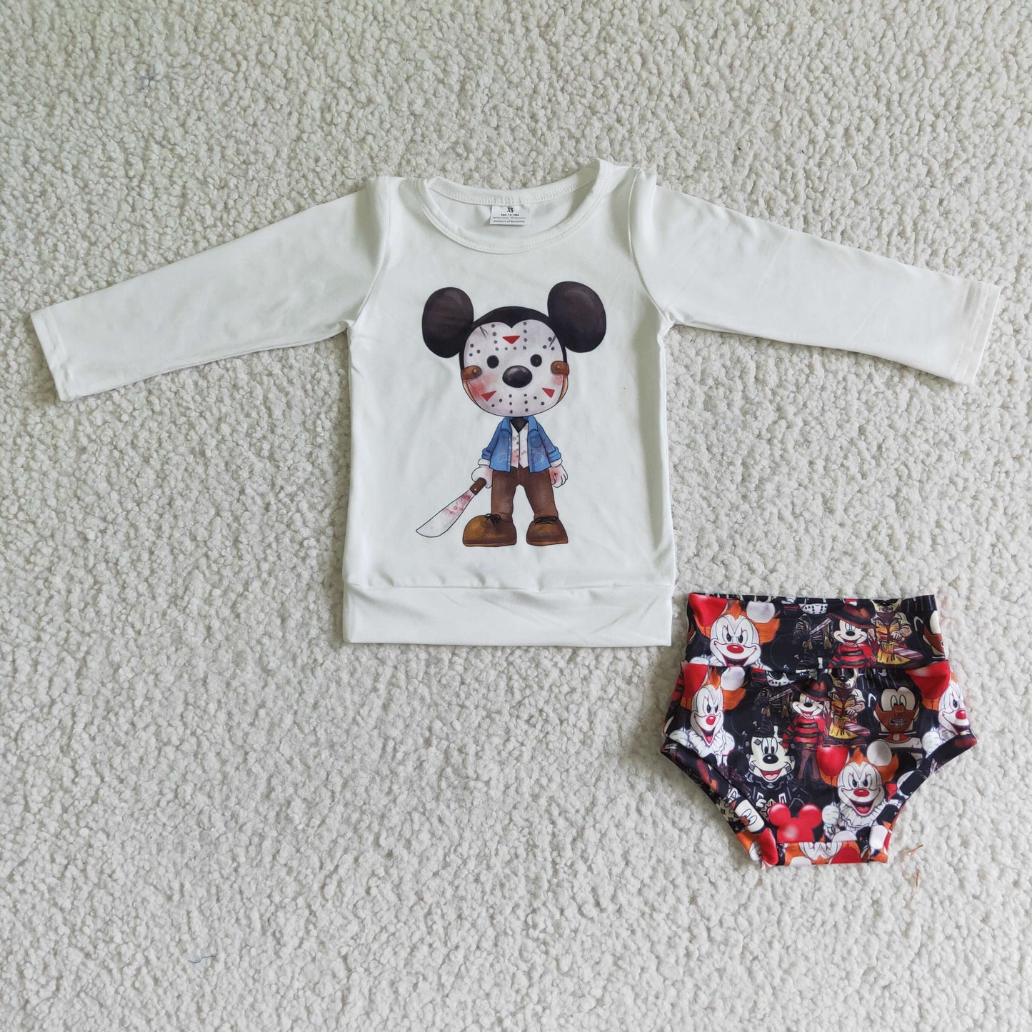 LR0032 Halloween Red Clown Mouse Cartoon With Bow 3pcs Girls Long Sleeve Bummies Outfits