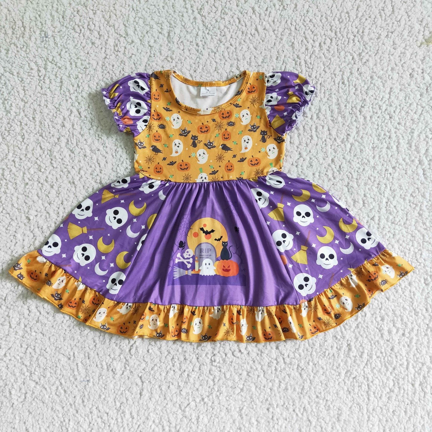 GSD0125 Halloween Ghost Bat Cartoon Pumpkin Purple Yellow Girls Patchwork Flutter Sleeve Dresses