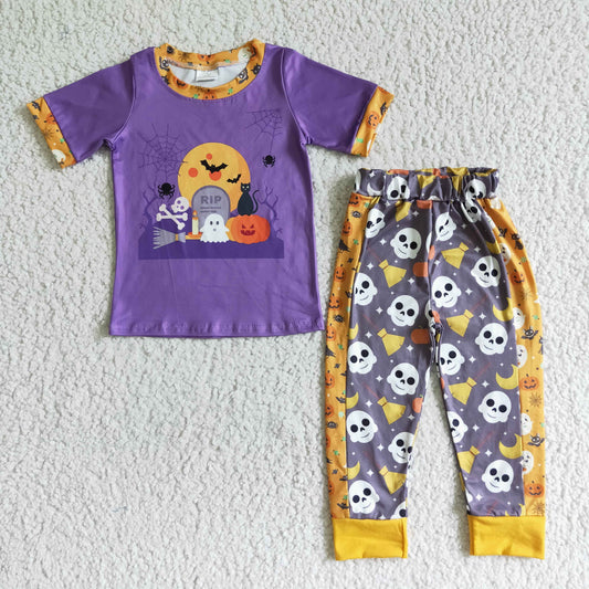 BSPO0018 Halloween Ghost Bat Cartoon Pumpkin Purple Yellow Boys Short Sleeve Pants Outfits