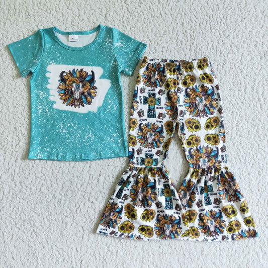 GSPO0073 Blue Cow Sunflower Cross Leopard Girls Short Sleeve Bell Bottom Pants Outfits