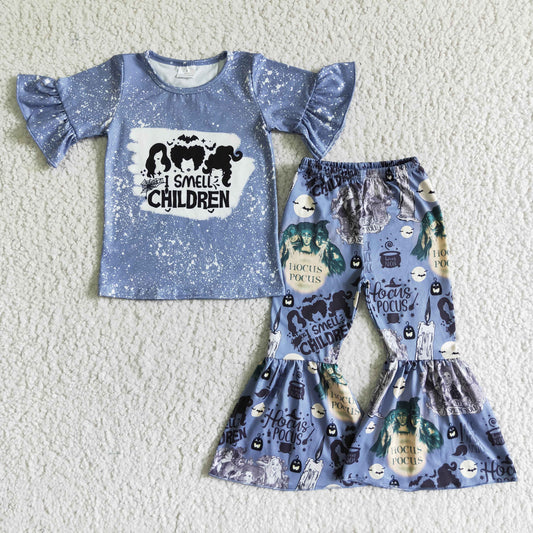 GSPO0121 Halloween Blue Witch Cartoon Girls Short Sleeve Bell Bottom Pants Outfits