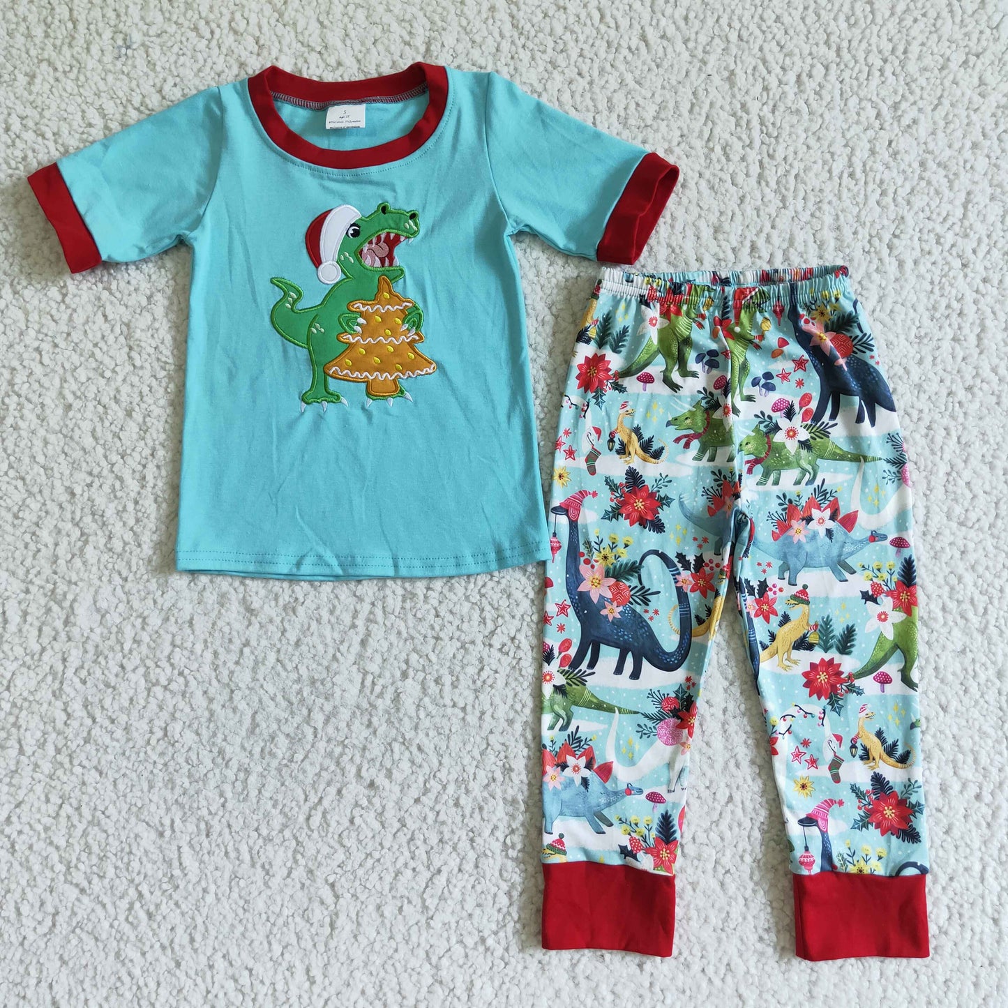 BSPO0008 Christmas Blue Red Dinosaur Cartoon Embroidery Boys Short Sleeve Pants Outfits