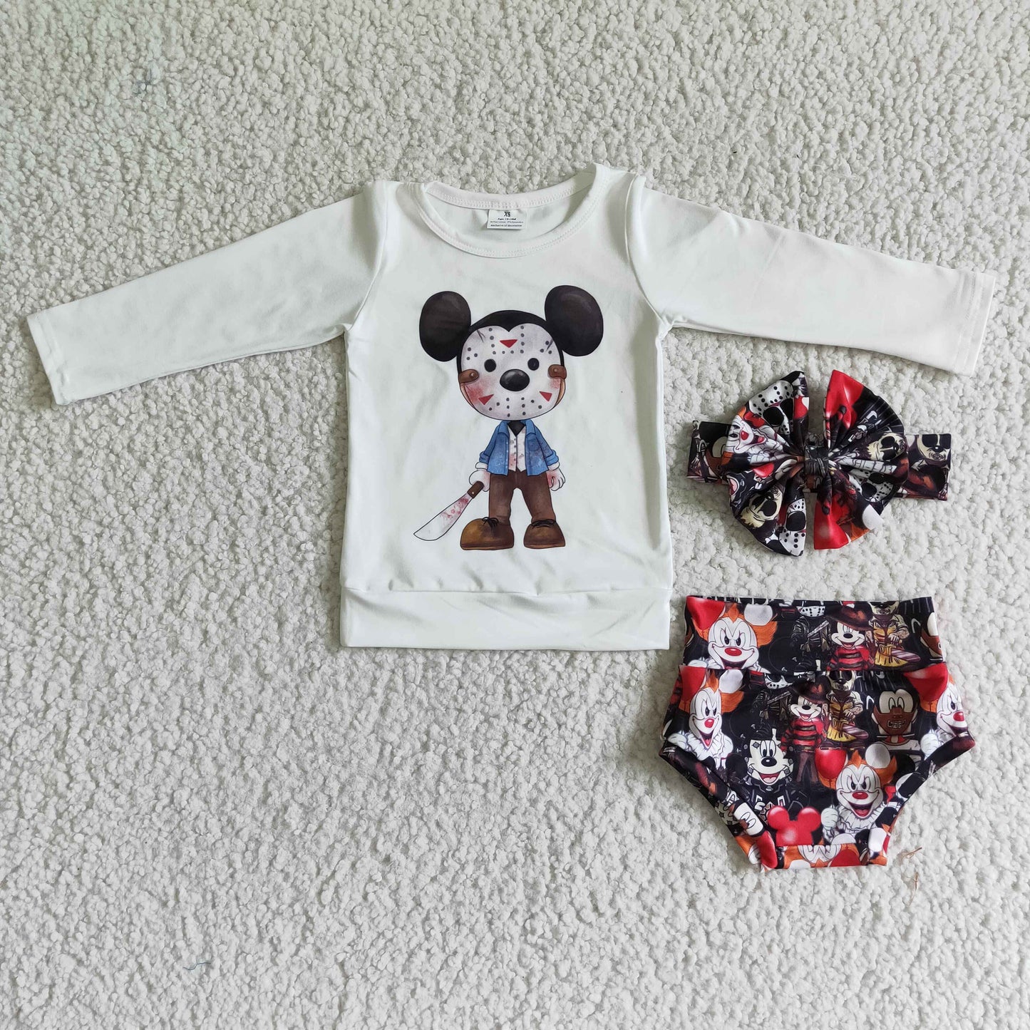 LR0032 Halloween Red Clown Mouse Cartoon With Bow 3pcs Girls Long Sleeve Bummies Outfits