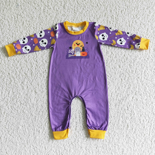 LR0044 Halloween Ghost Pumpkin Yellow Purple Boys Long Sleeve Romper