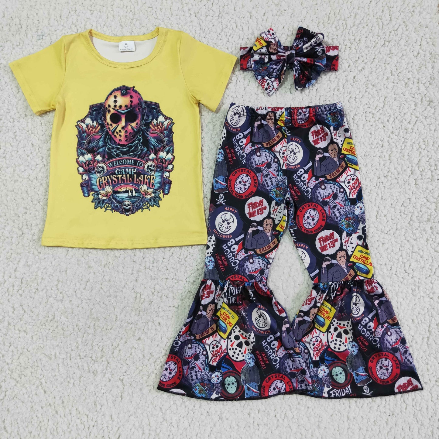 GSPO0128 Halloween Music Band Singer Yellow With Bow Headband 3pcs Girls Short Sleeve Bell Bottom Pants Outfits