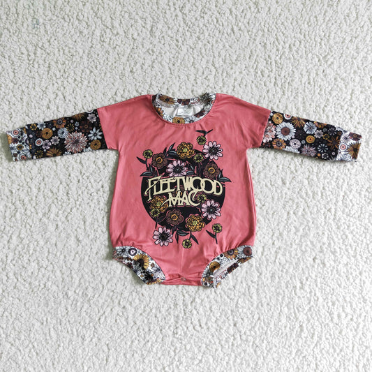 LR0020 Pink Sunflower Floral Letter Girls Long Sleeve Romper