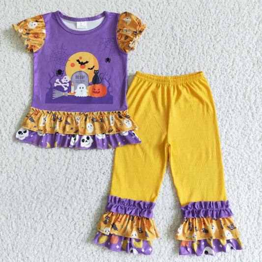 GSPO0137 Halloween Ghost Pumpkin Purple Yellow Girls Short Sleeve Pants Outfits