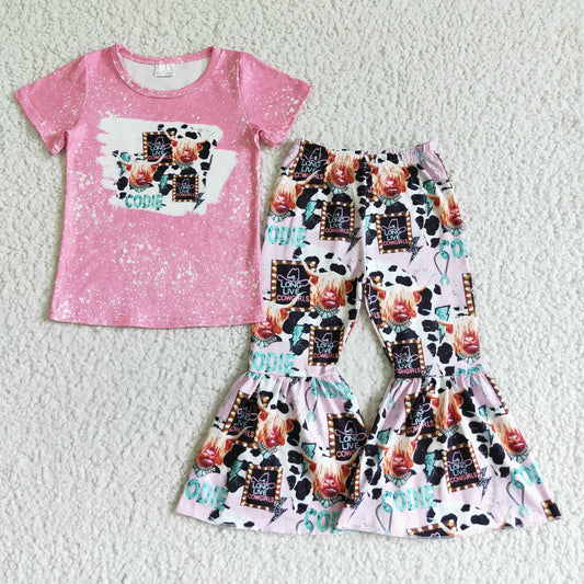 GSPO0026 Pink Highland Cow Dodie Girls Short Sleeve Bell Bottom Pants Outfits