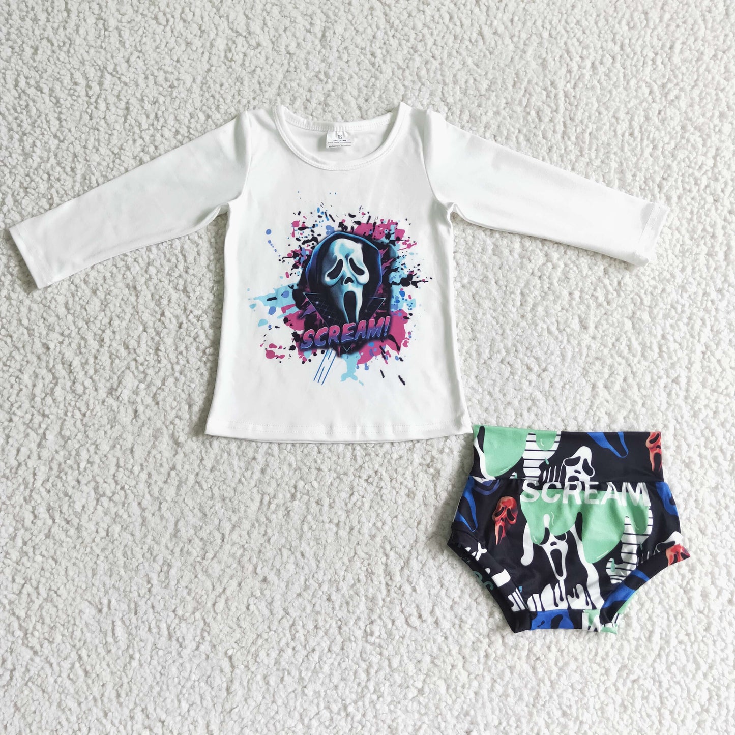 LR0031 Halloween Ghost Scream With Bow 3pcs Girls Long Sleeve Bummies Outfits