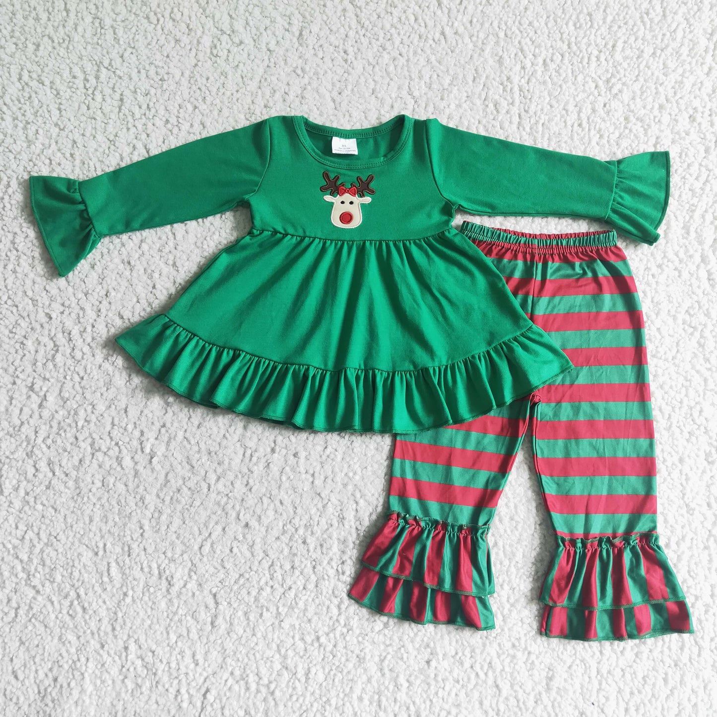 GLP0046 Christmas Green Red Stripes Deer Cartoon Embroidery Tunic Girls Long Sleeve Pants Outfits