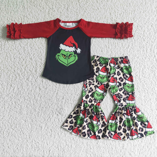 GLP0010 Green Red Cartoon Leopard Girls Long Sleeve Bell Bottom Pants Outfits