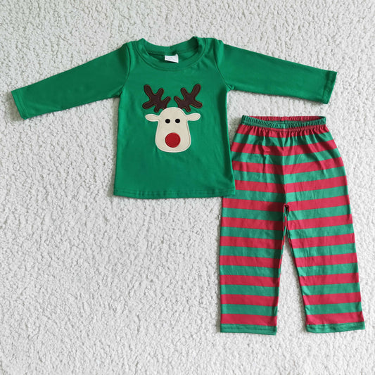 BLP0008 Christmas Green Red Stripes Deer Cartoon Embroidery Boys Long Sleeve Pants Outfits