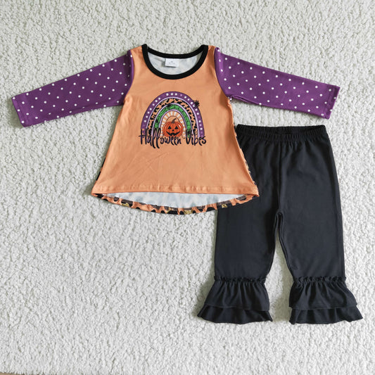 GLP0049 Halloween Pumpkin Ghost Orange Purple Leopard Rainbow Girls Long Sleeve Pants Outfits