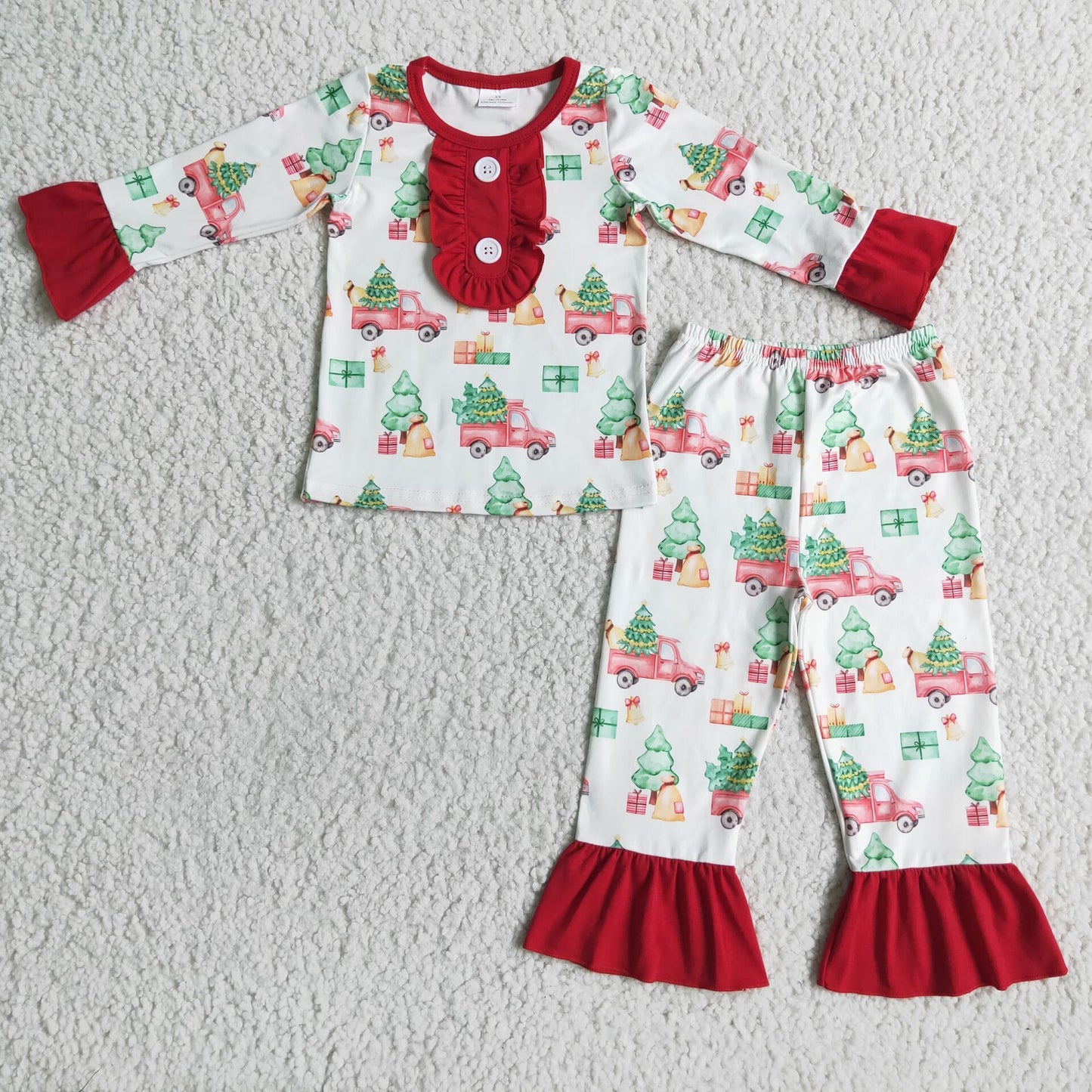 Clearance 6 B3-38 Christmas Red Car Green Tree Girls Long Sleeve Pajamas