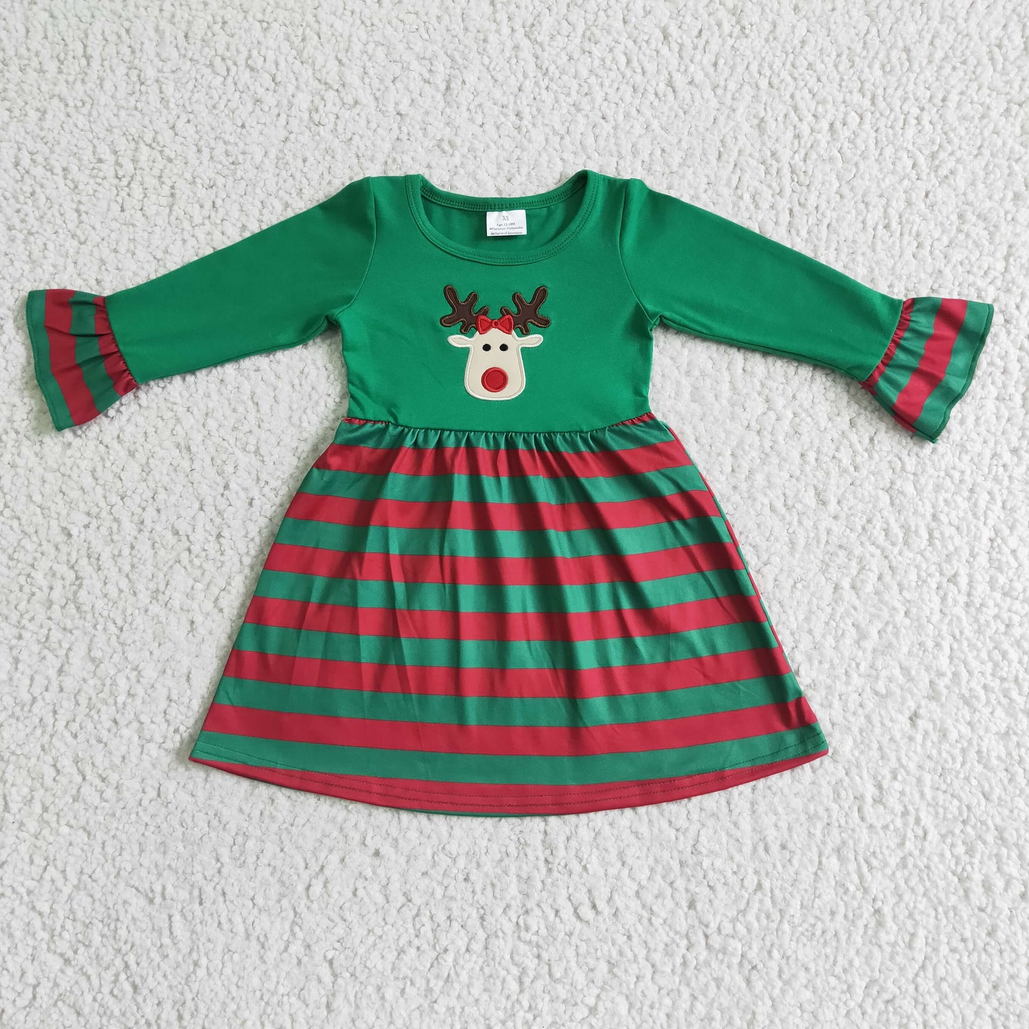 GLD0014 Christmas Green Red Stripes Deer Cartoon Embroidery Girls Long Sleeve Dresses